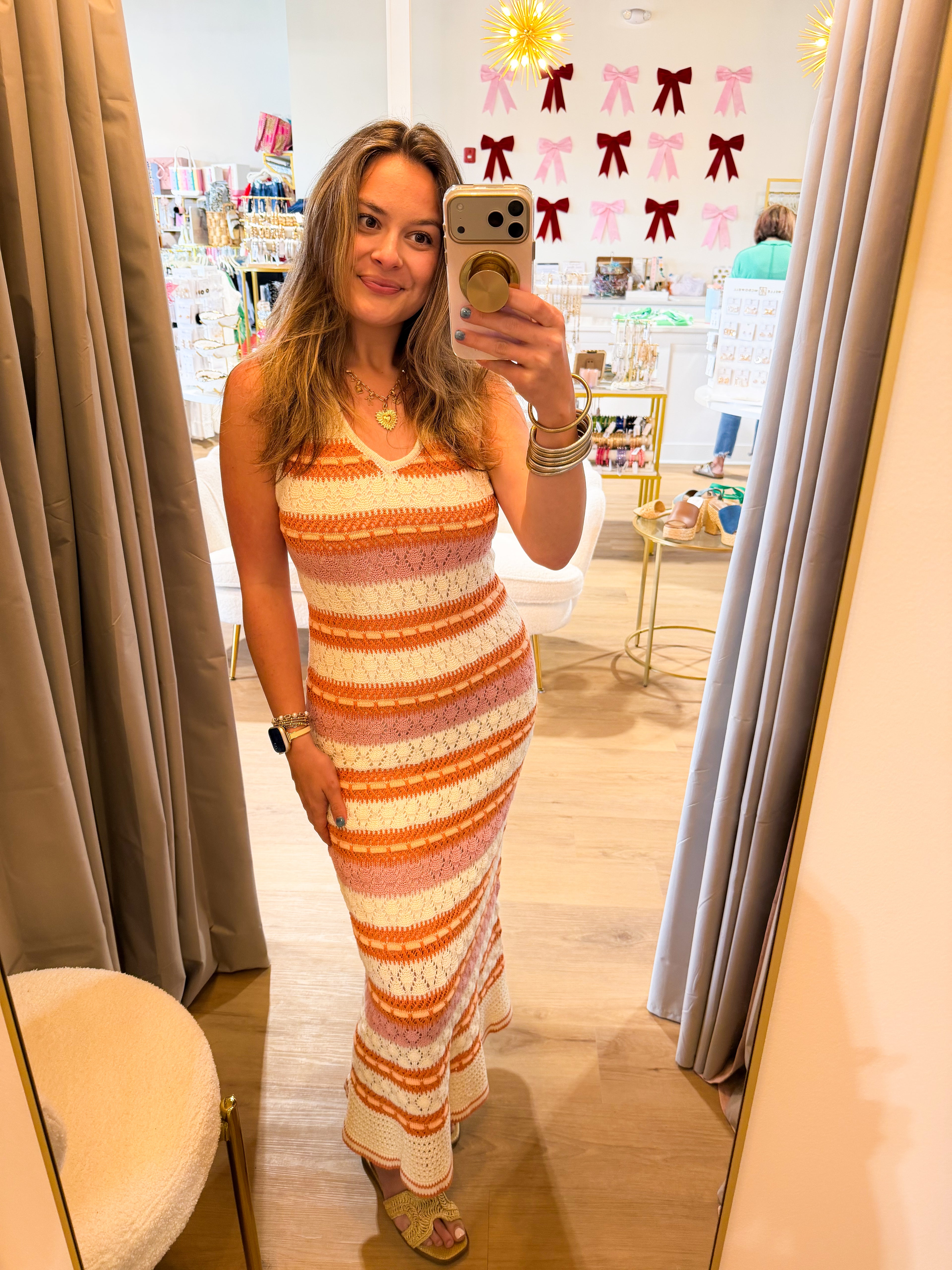 Retro-Inspired Multi-Color Form Fitting
Crochet Sweater Midi