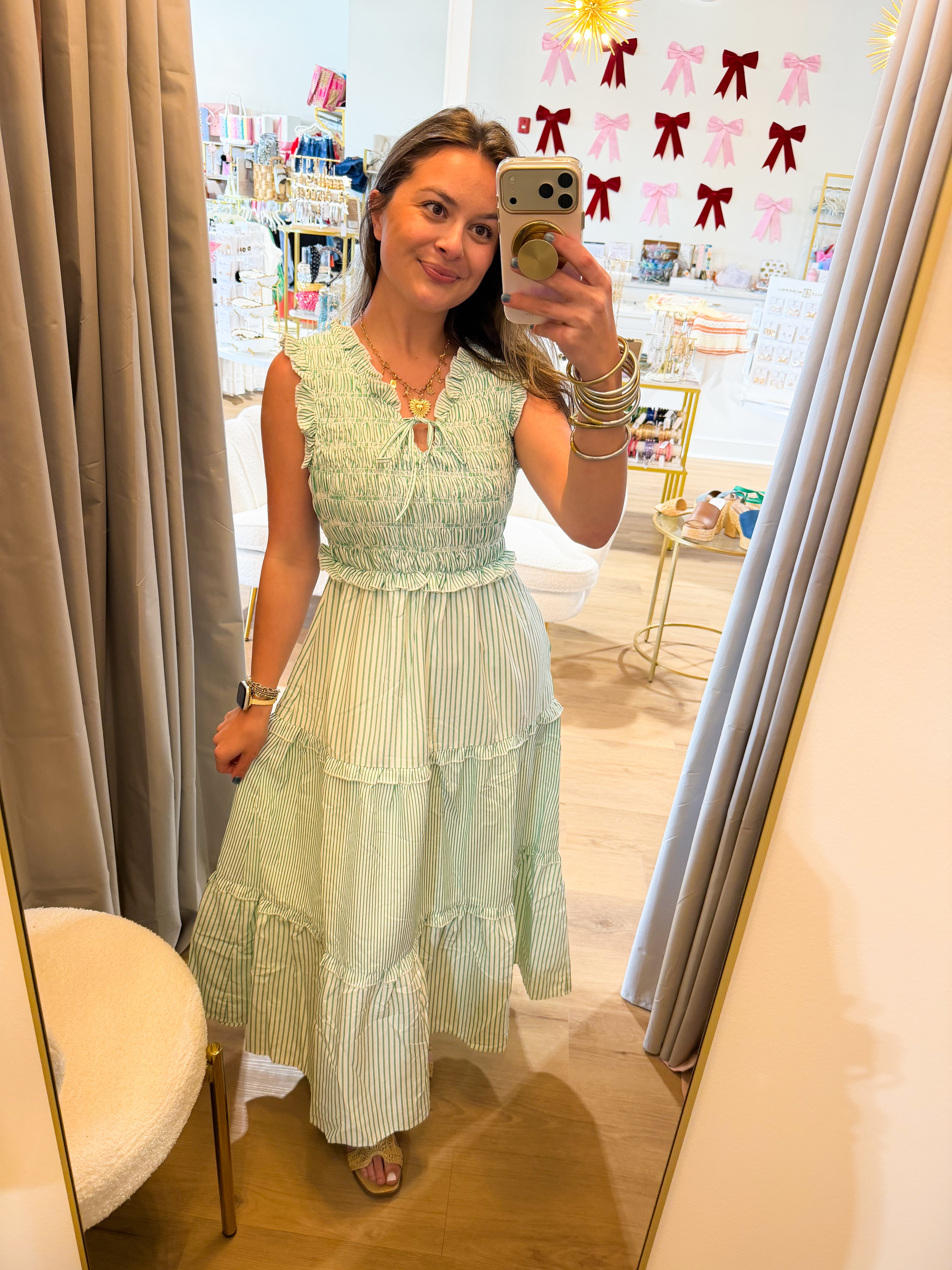 Instantly Uplifting Mixed Stripe Smocked
Midi Dress