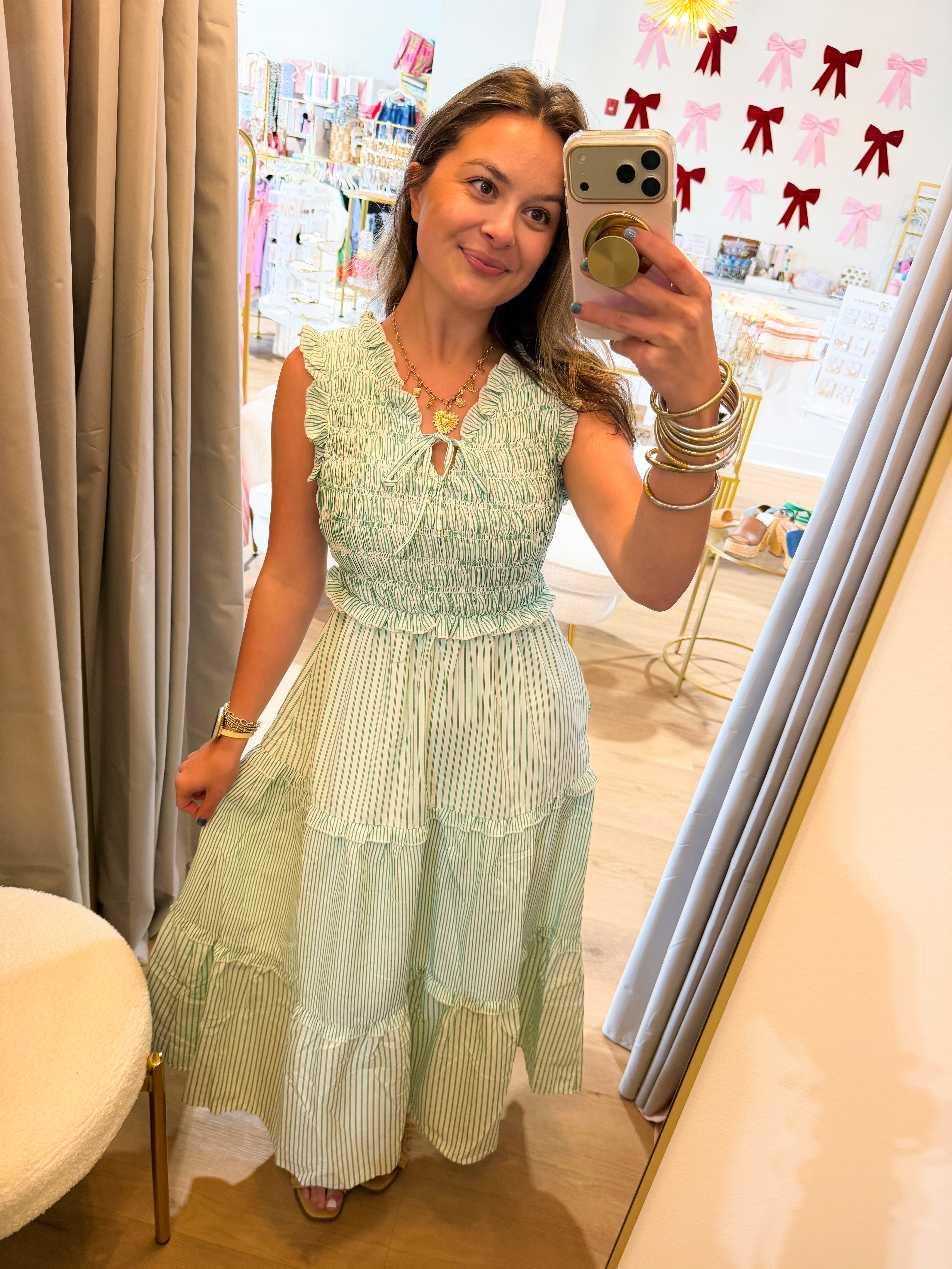 Instantly Uplifting Mixed Stripe Smocked
Midi Dress