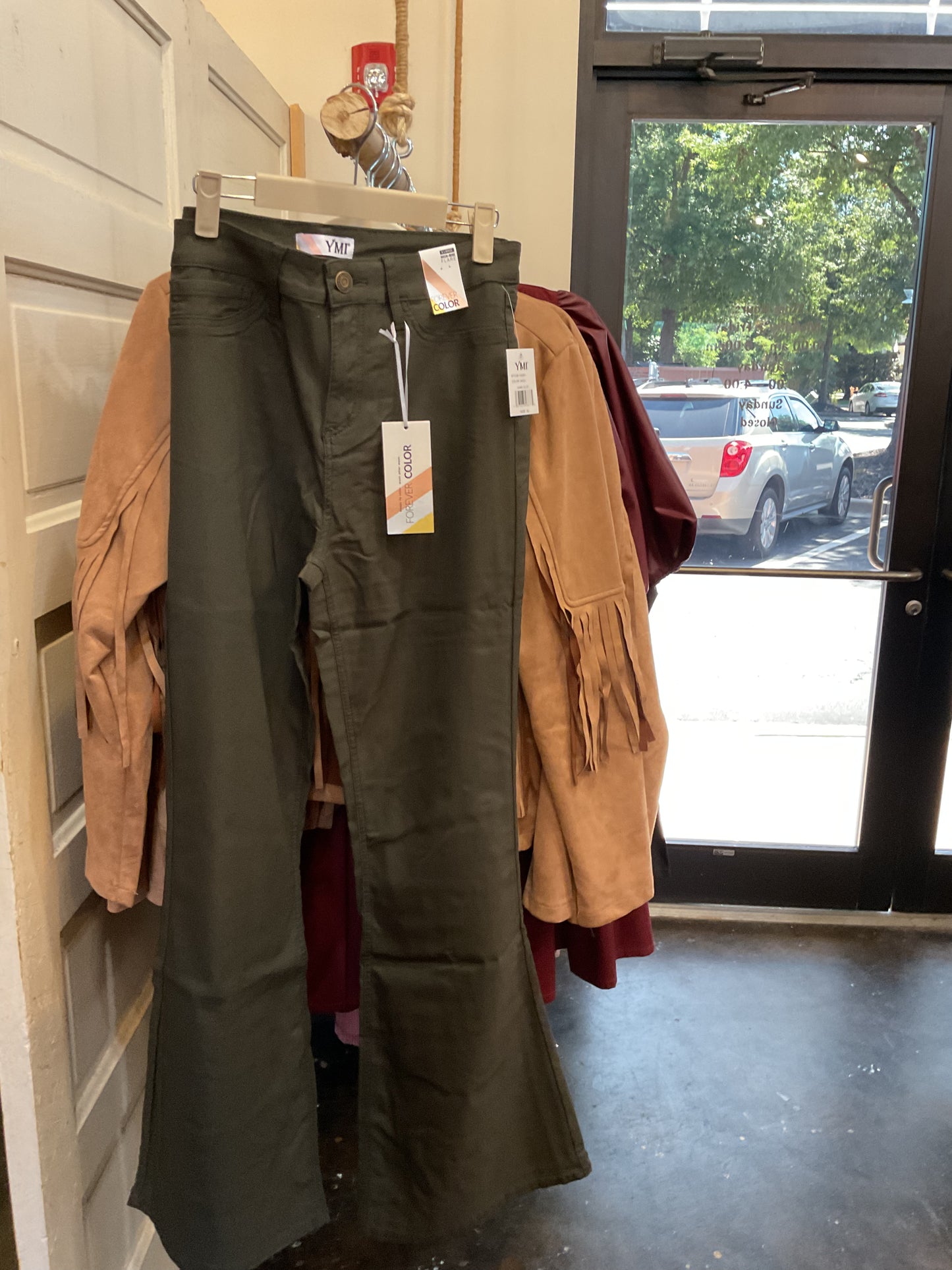 Olive Hyperstretch Flare pants.