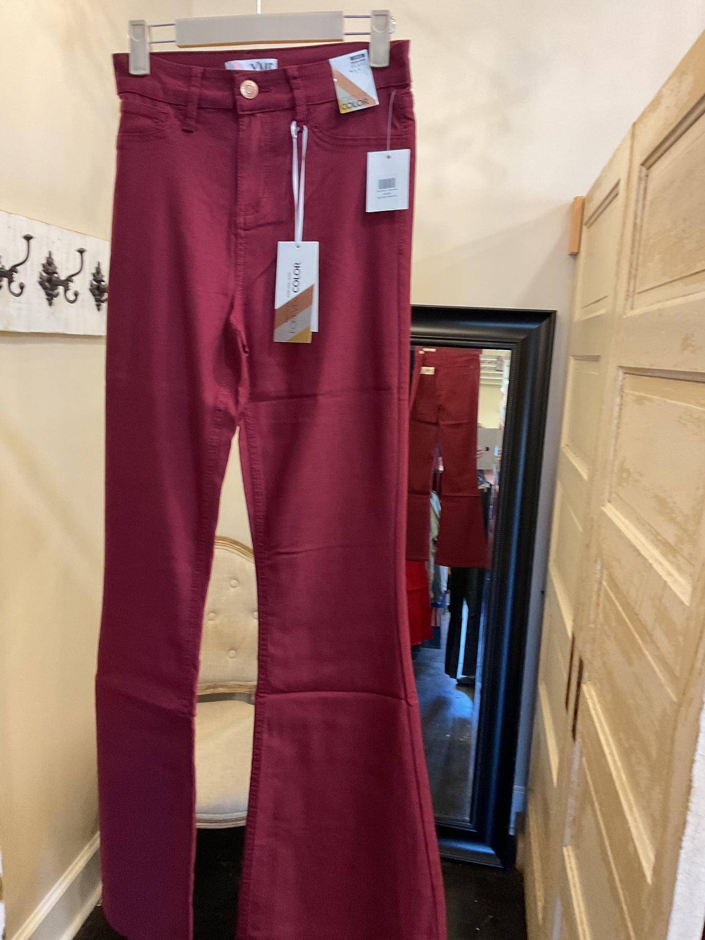 Berry Hyperstretch Flare pants.