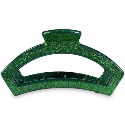 Open green glitter teletie clip.