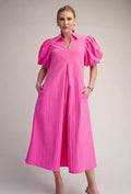 V-Neck Pleated Puff Sleeve Midi Dress