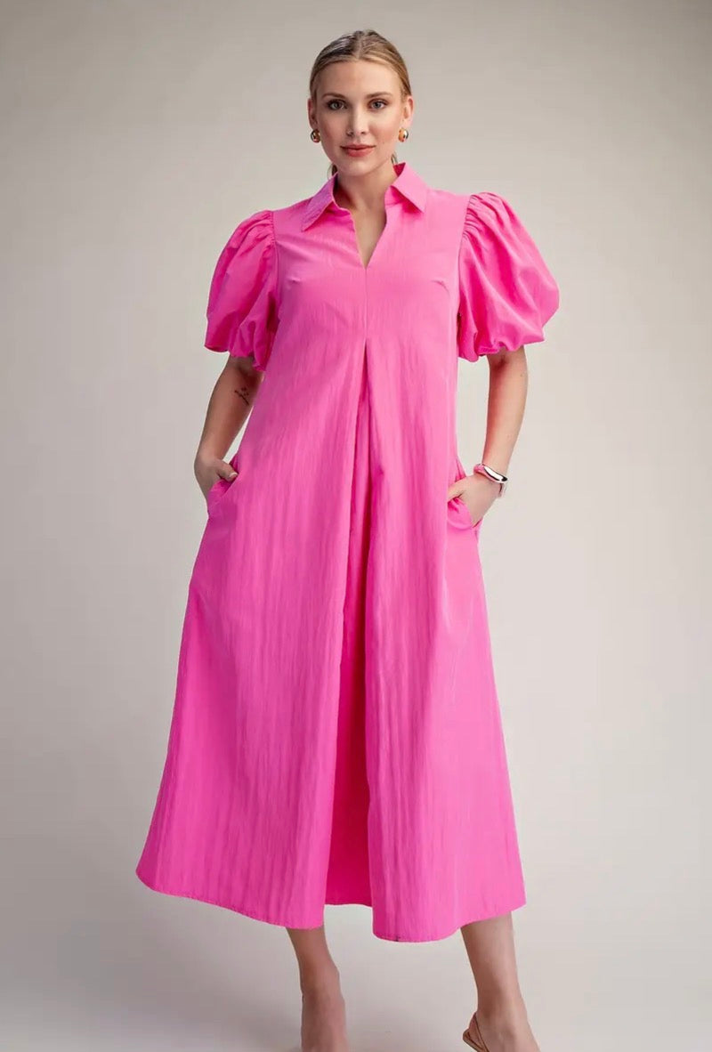 V-Neck Pleated Puff Sleeve Midi Dress