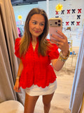 Eyelet embroidery solid short puff sleeve top