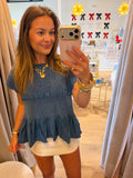 Peplum Ruffle Sleeve Denim Top