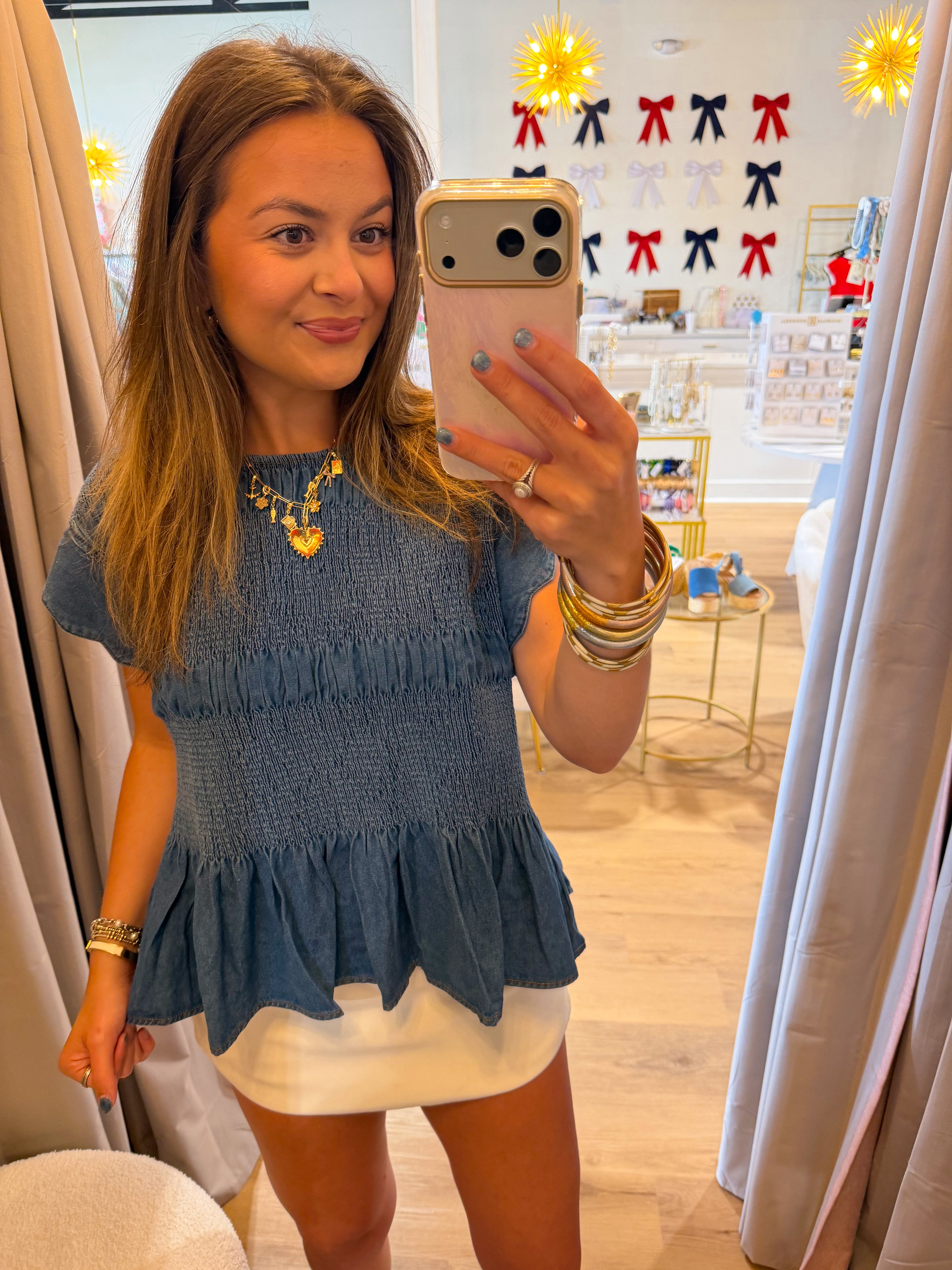 Peplum Ruffle Sleeve Denim Top