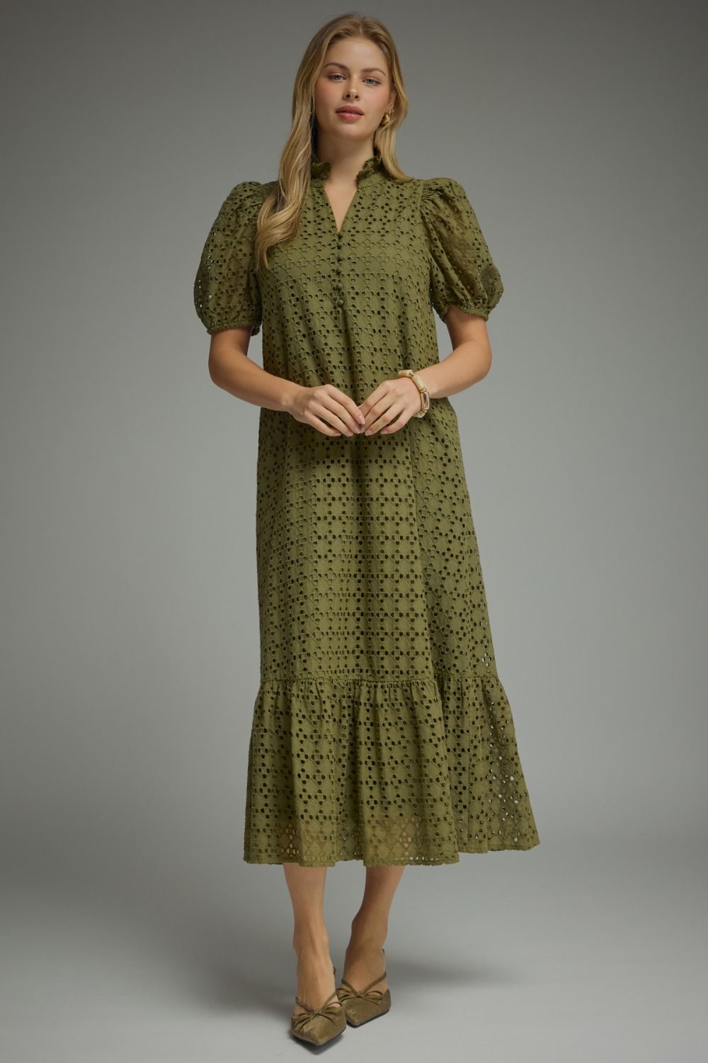 Eyelet Puff Sleeve Midi Dress
