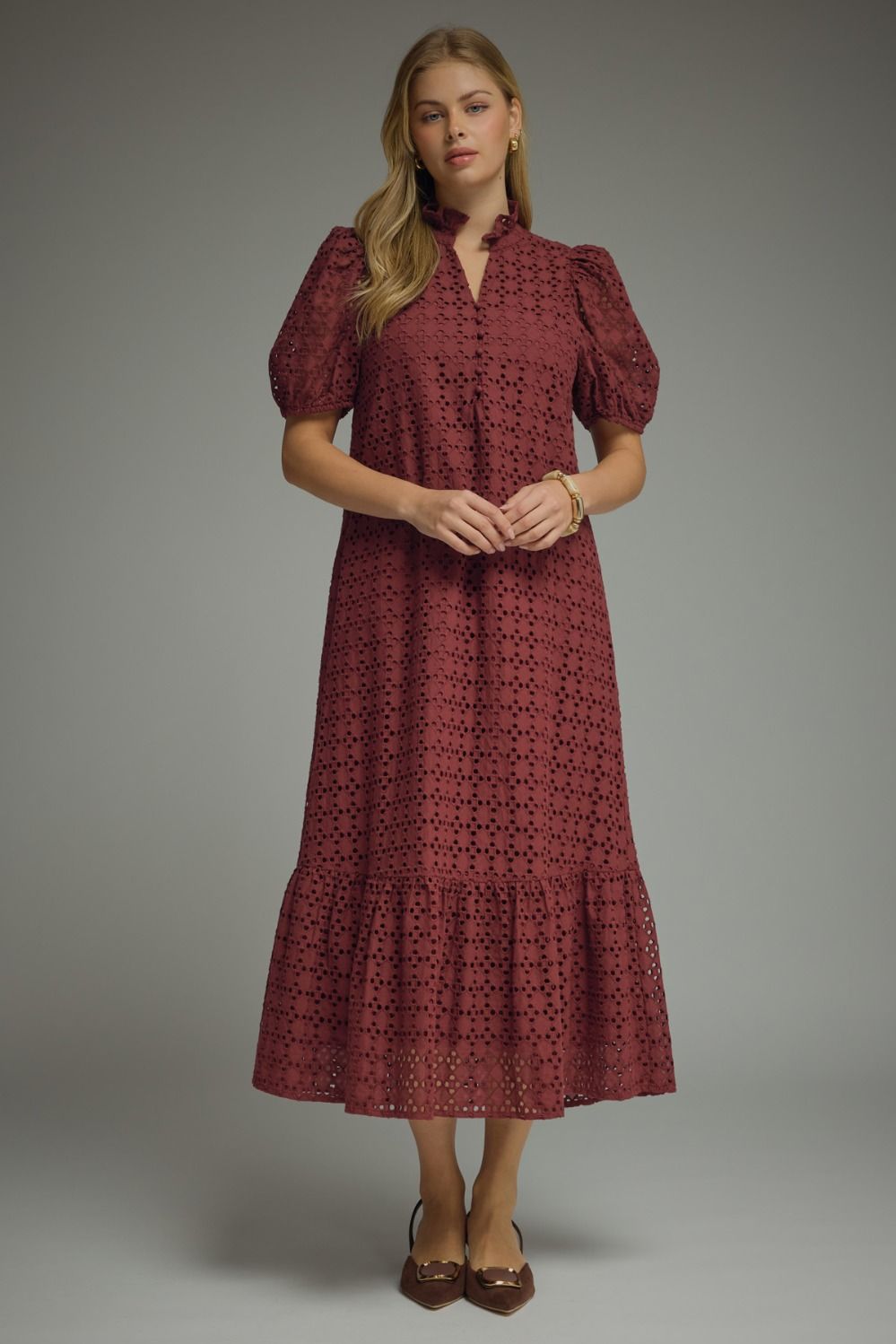 Eyelet Puff Sleeve Midi Dress