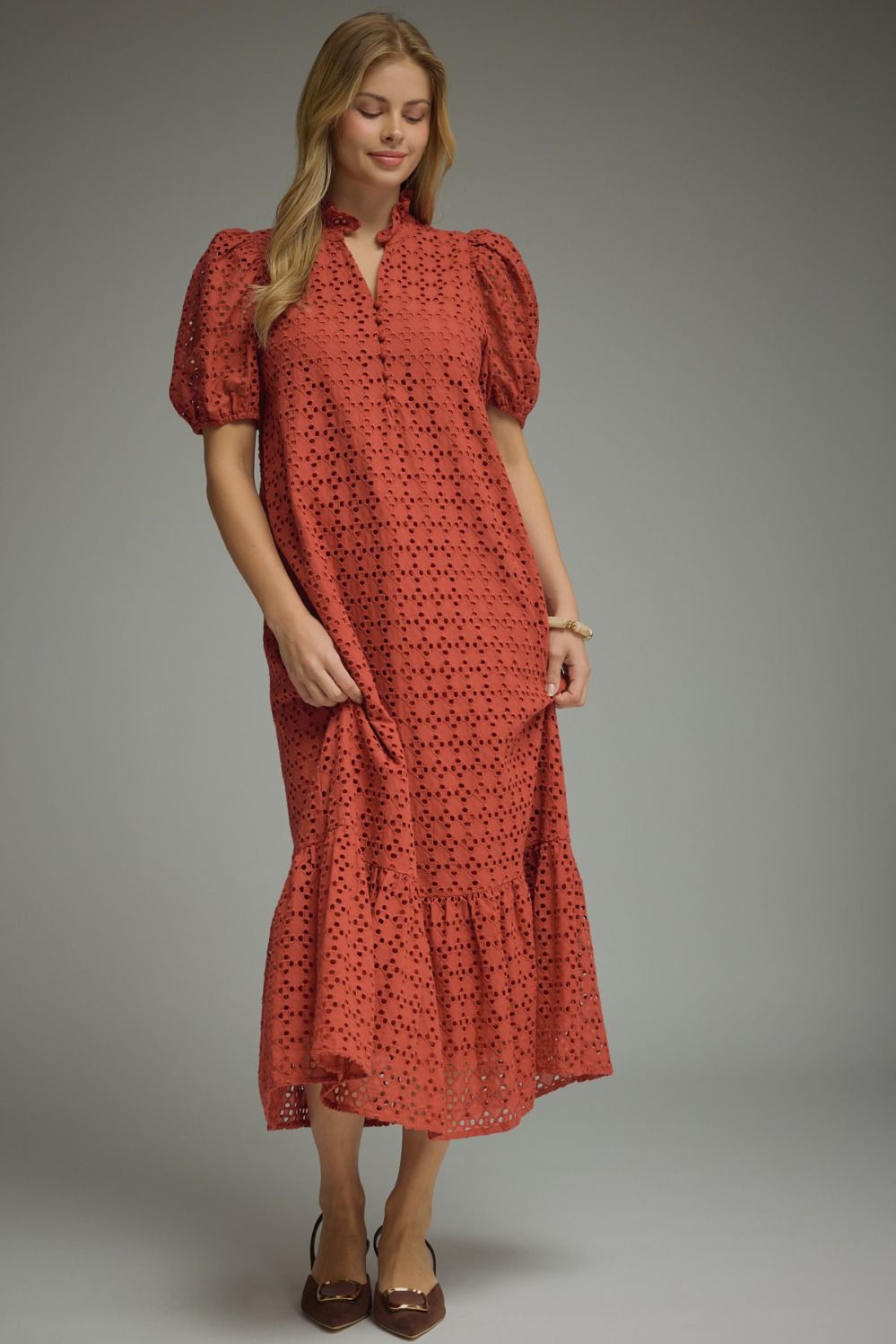 Eyelet Puff Sleeve Midi Dress