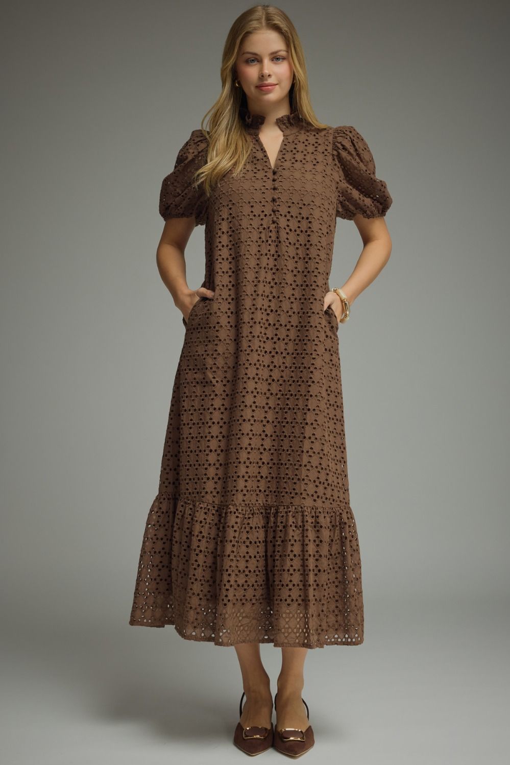 Eyelet Puff Sleeve Midi Dress