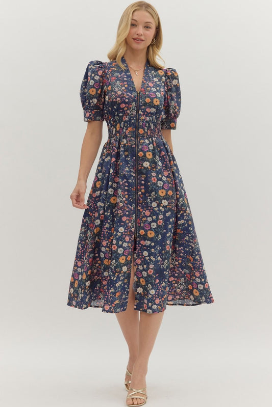 Floral Puff Sleeve Midi Dress