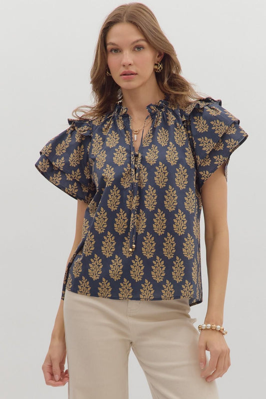 Midnight Blue Botanical Ruffle Top