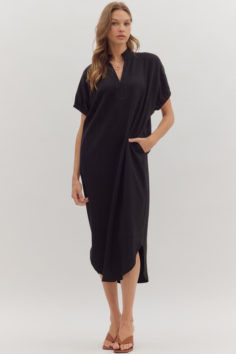 Short Sleeve V-Neck Midi Dress