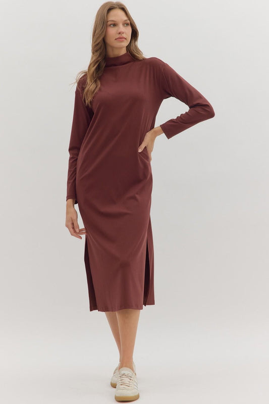 Burgundy Solid Long Sleeve Dress