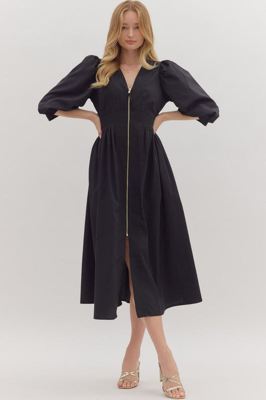 Solid Midi Zip-Up Dress