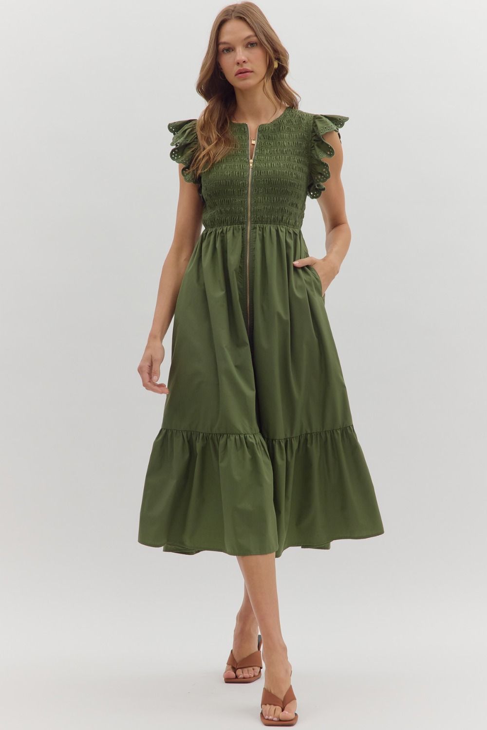 Zip-up Ruffle Sleeve Dress