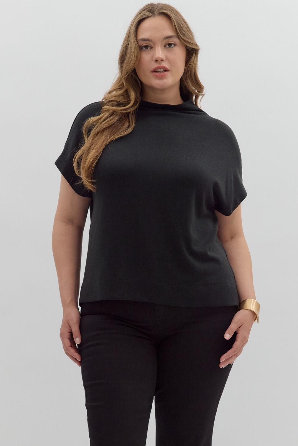 Plus Size Solid Mock Neck Top with Rolled Cuffs