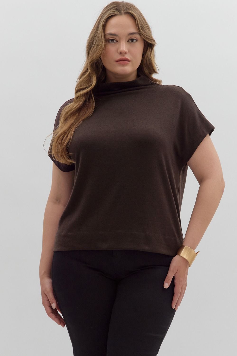 Plus Size Solid Mock Neck Top with Rolled Cuffs