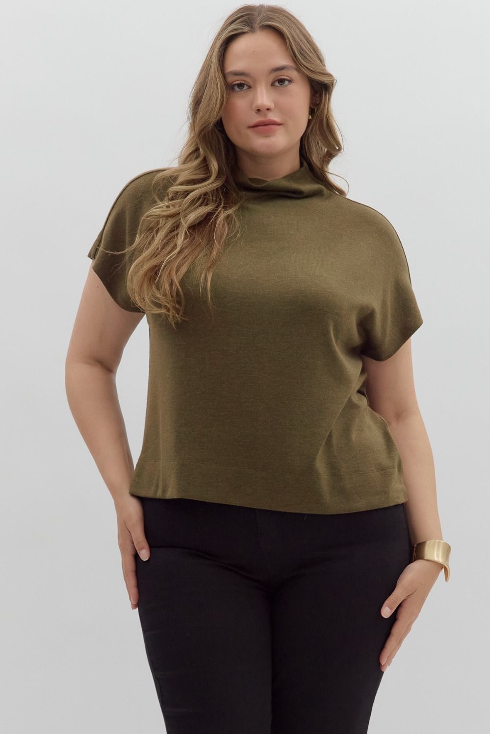 Plus Size Solid Mock Neck Top with Rolled Cuffs