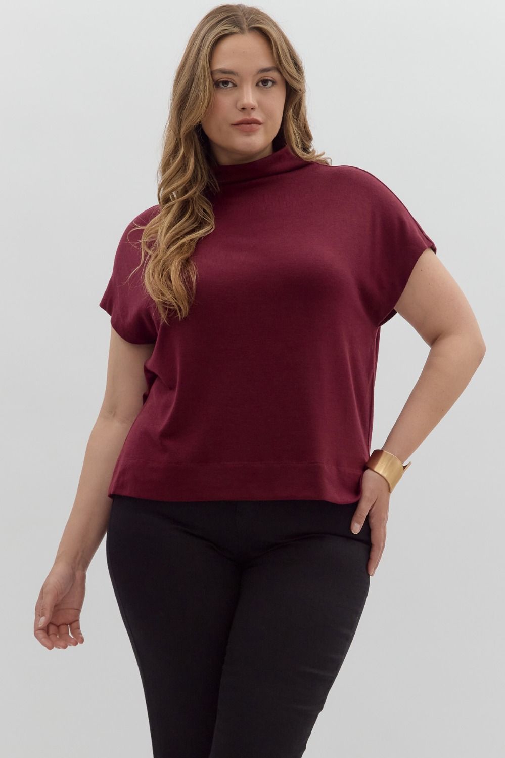 Plus Size Solid Mock Neck Top with Rolled Cuffs