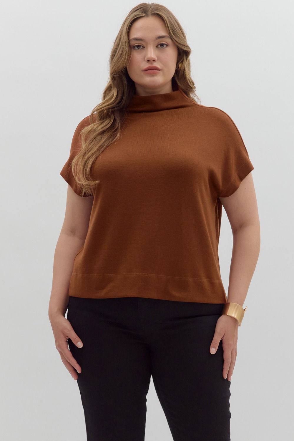 Plus Size Solid Mock Neck Top with Rolled Cuffs