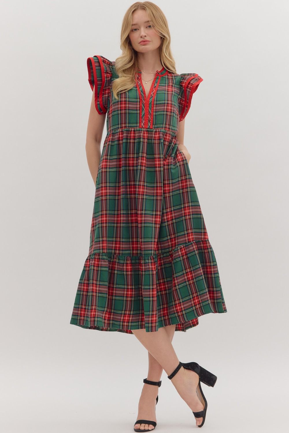 Plaid Flutter Sleeve Midi Dress