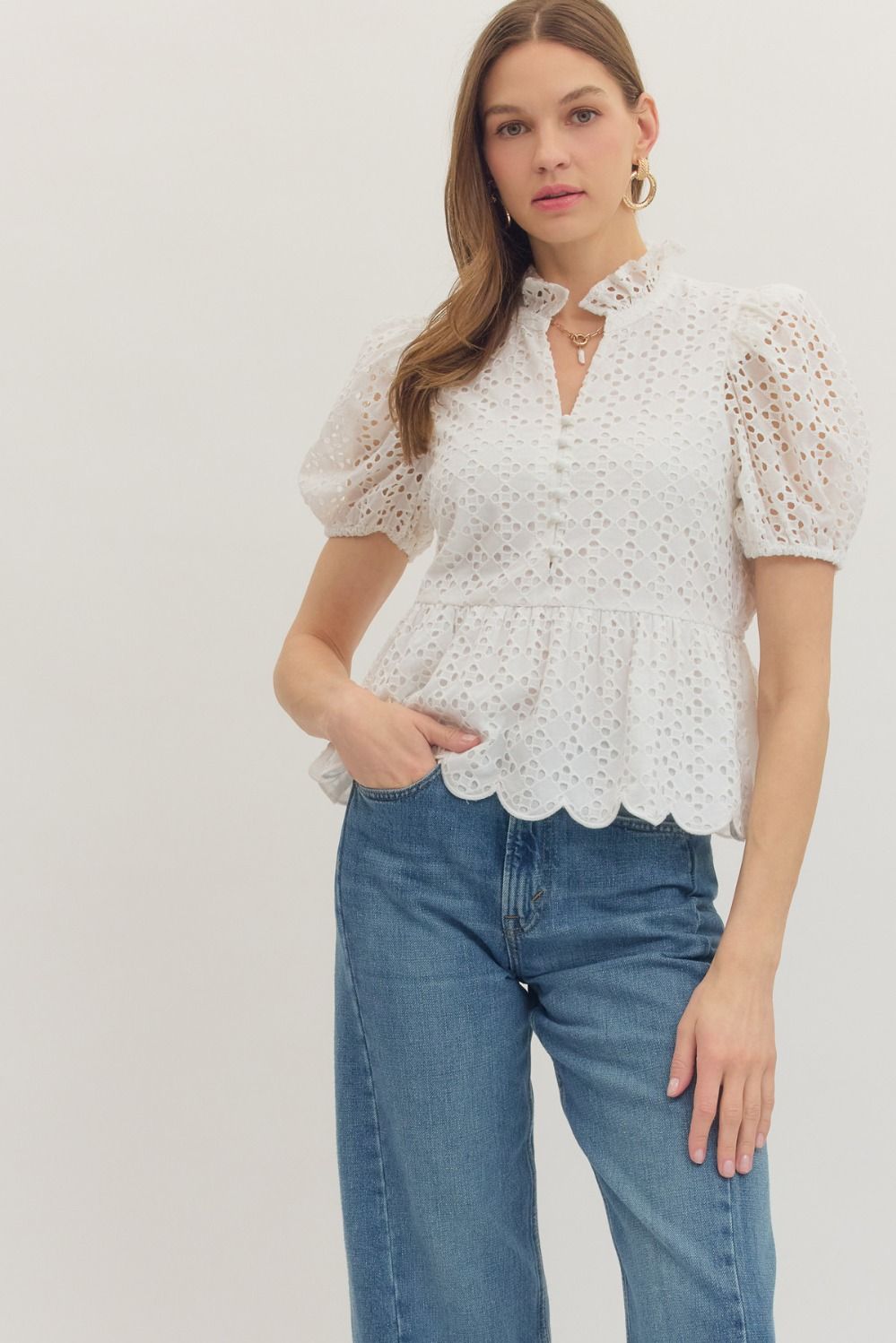 Eyelet embroidery solid short puff sleeve top