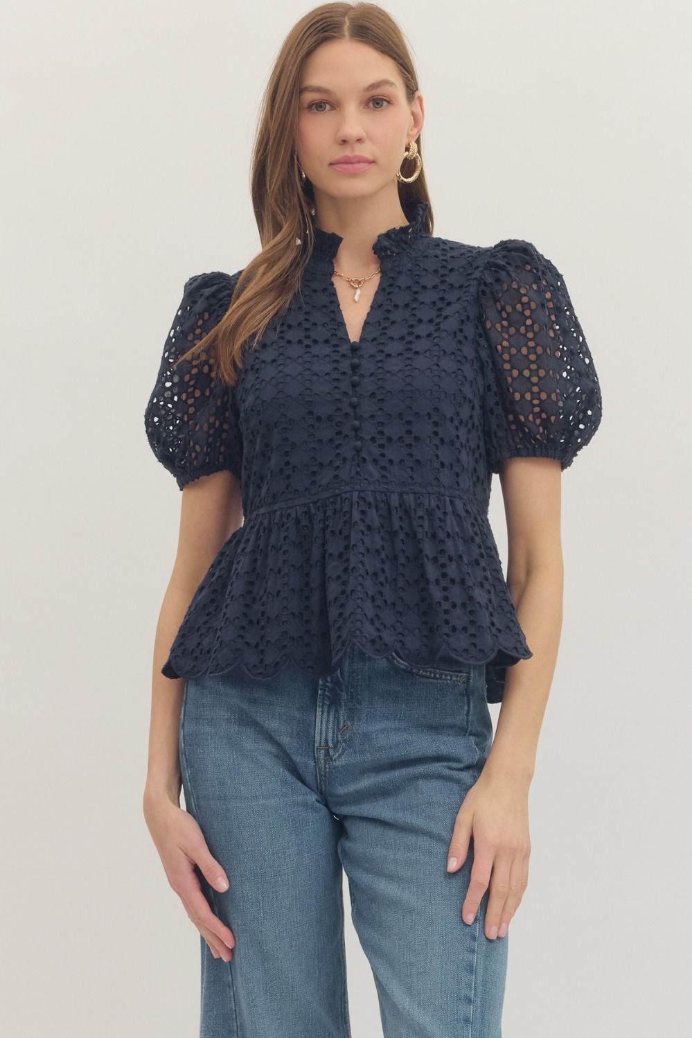 Eyelet embroidery solid short puff sleeve top