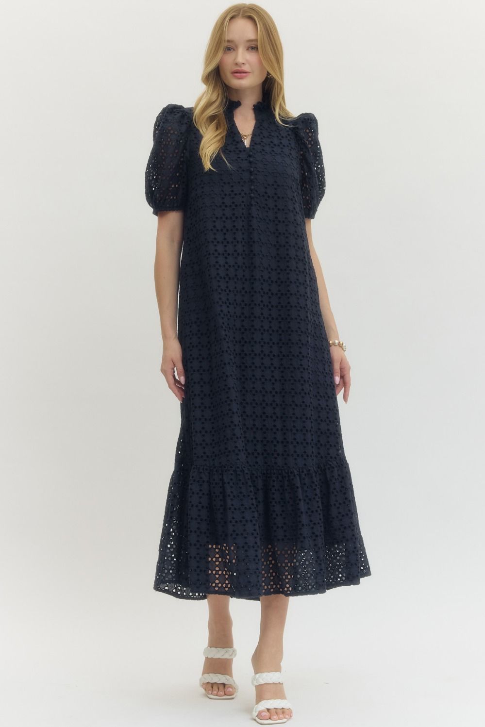 Navy Eyelet Midi Dress
