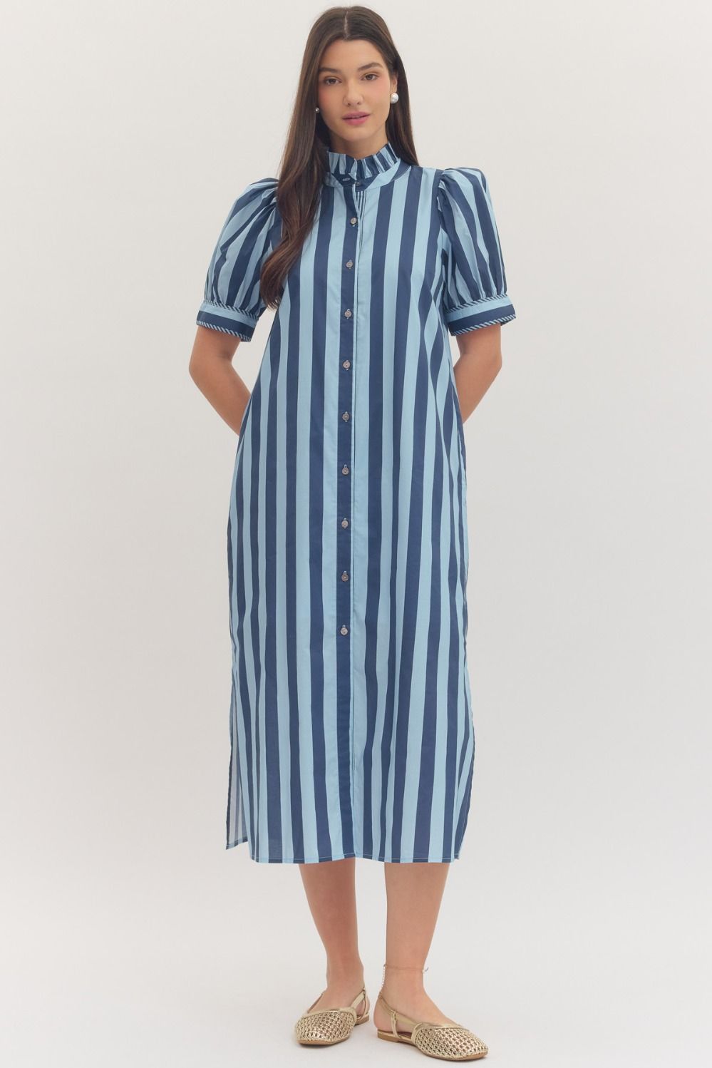 Striped Front Button Midi Dress