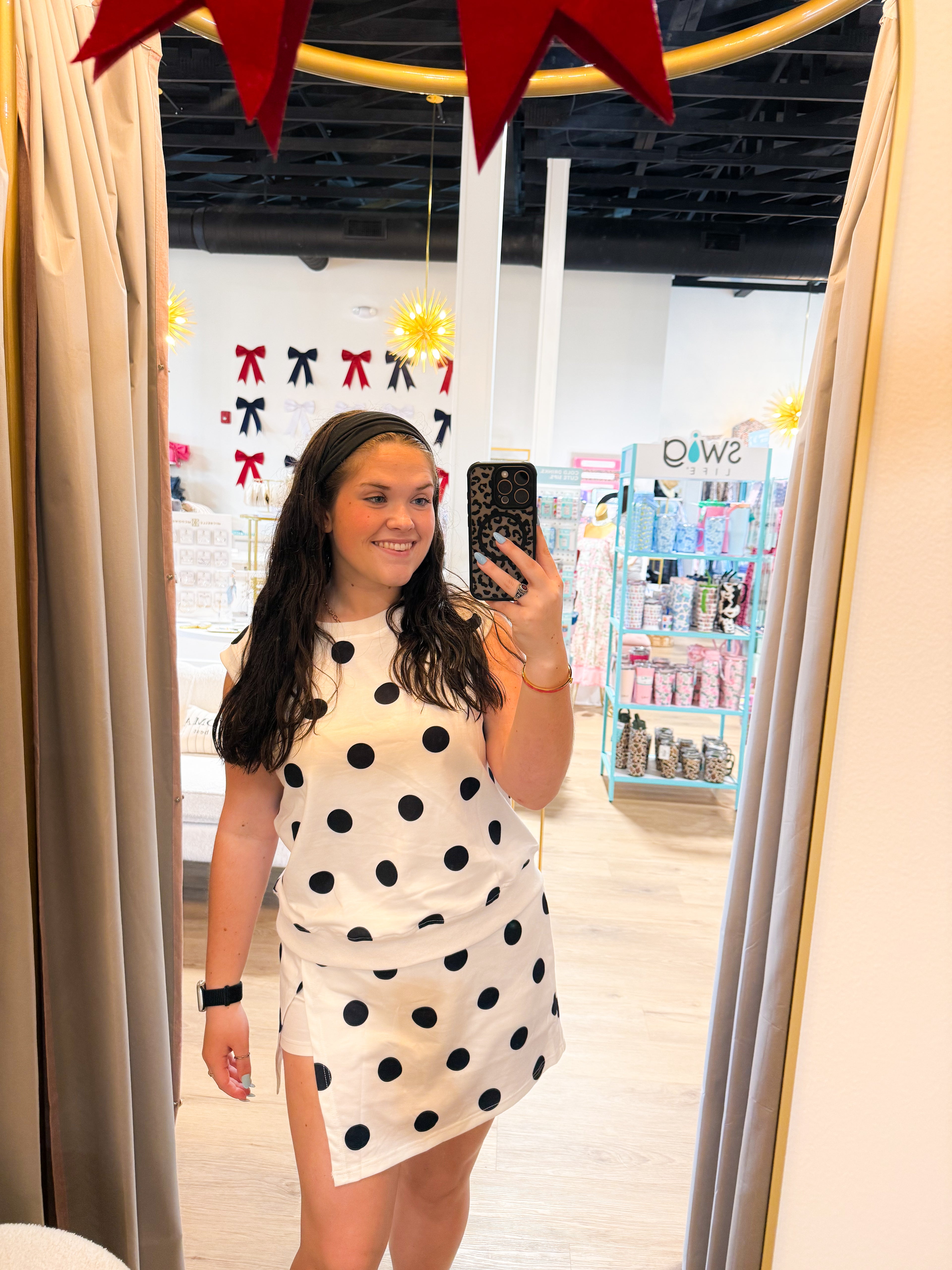 LAS Ribbed Trim Polka Dot Tank Split Mini Skort Set