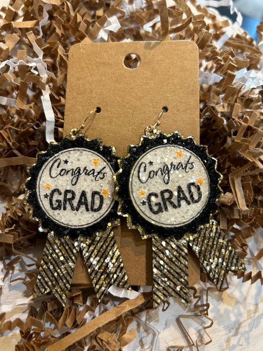 "Congrats Grad" Ribbon Earrings in black and gold.
