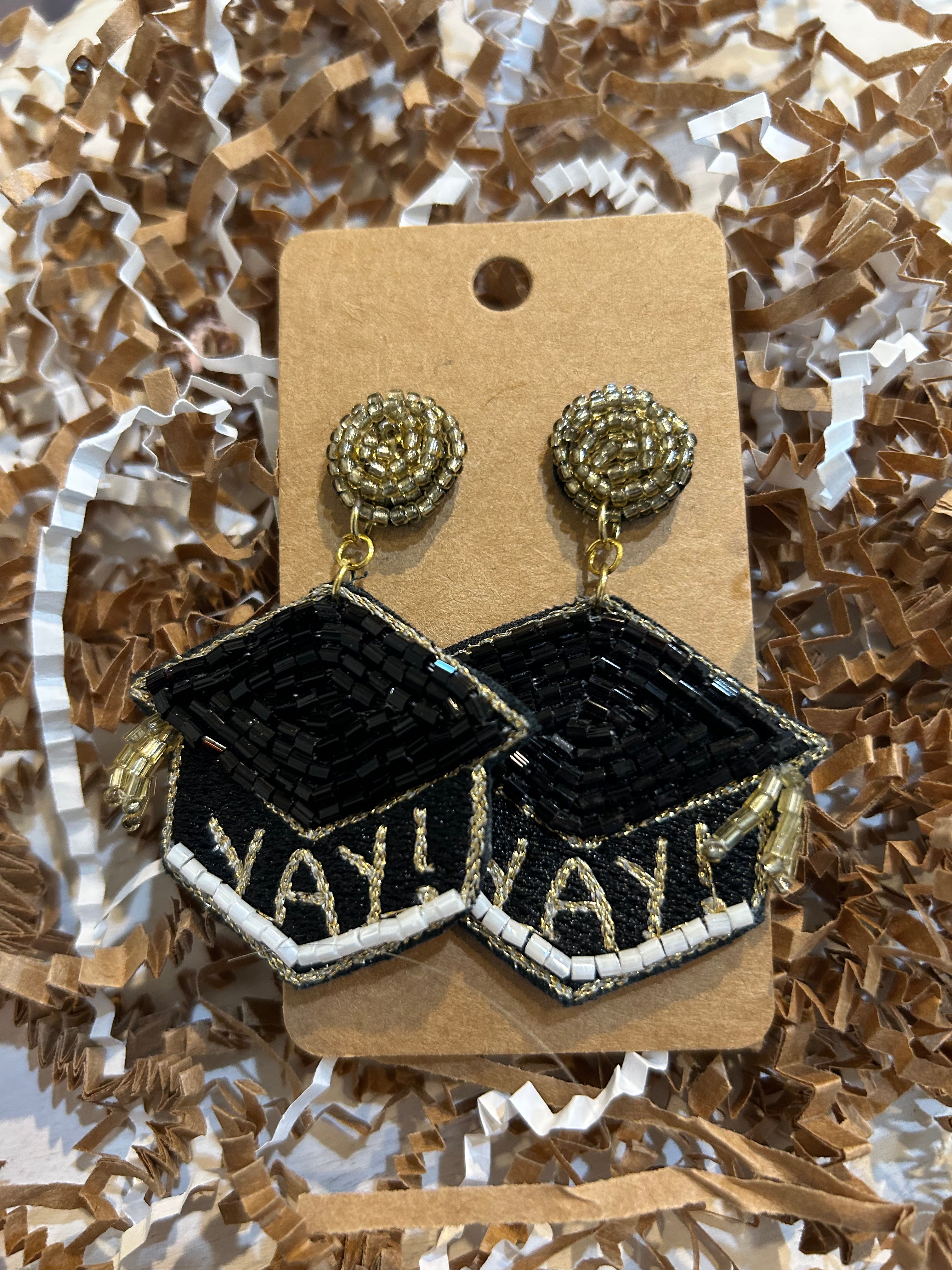 Gold beaded stud with black beaded graduation caps that say "YAY!".