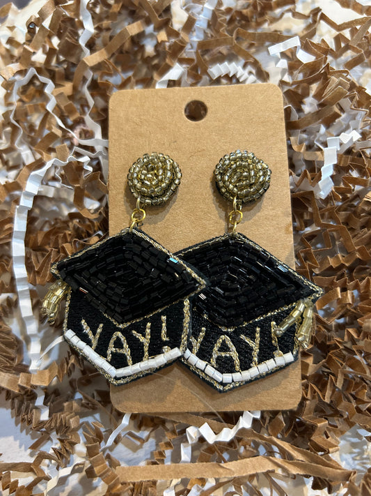 Gold beaded stud with black beaded graduation caps that say "YAY!".