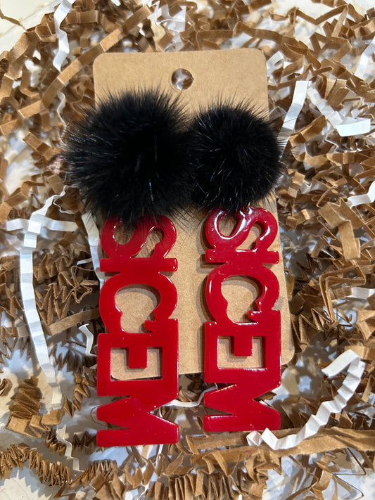 Red "SIC'EM" dangle earrings with black fuzzy pom-pom stud.