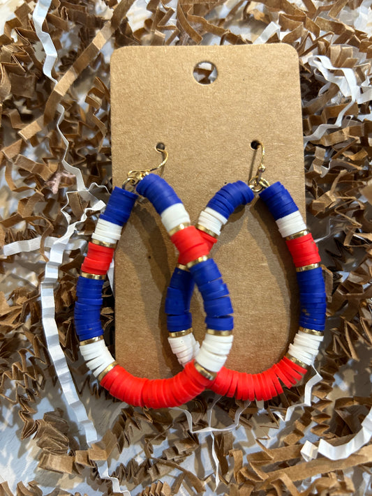 Teardrop earrings made with red, white, and blue disc beads.