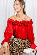 Pleated ruffle off the shoulder metallic blouse