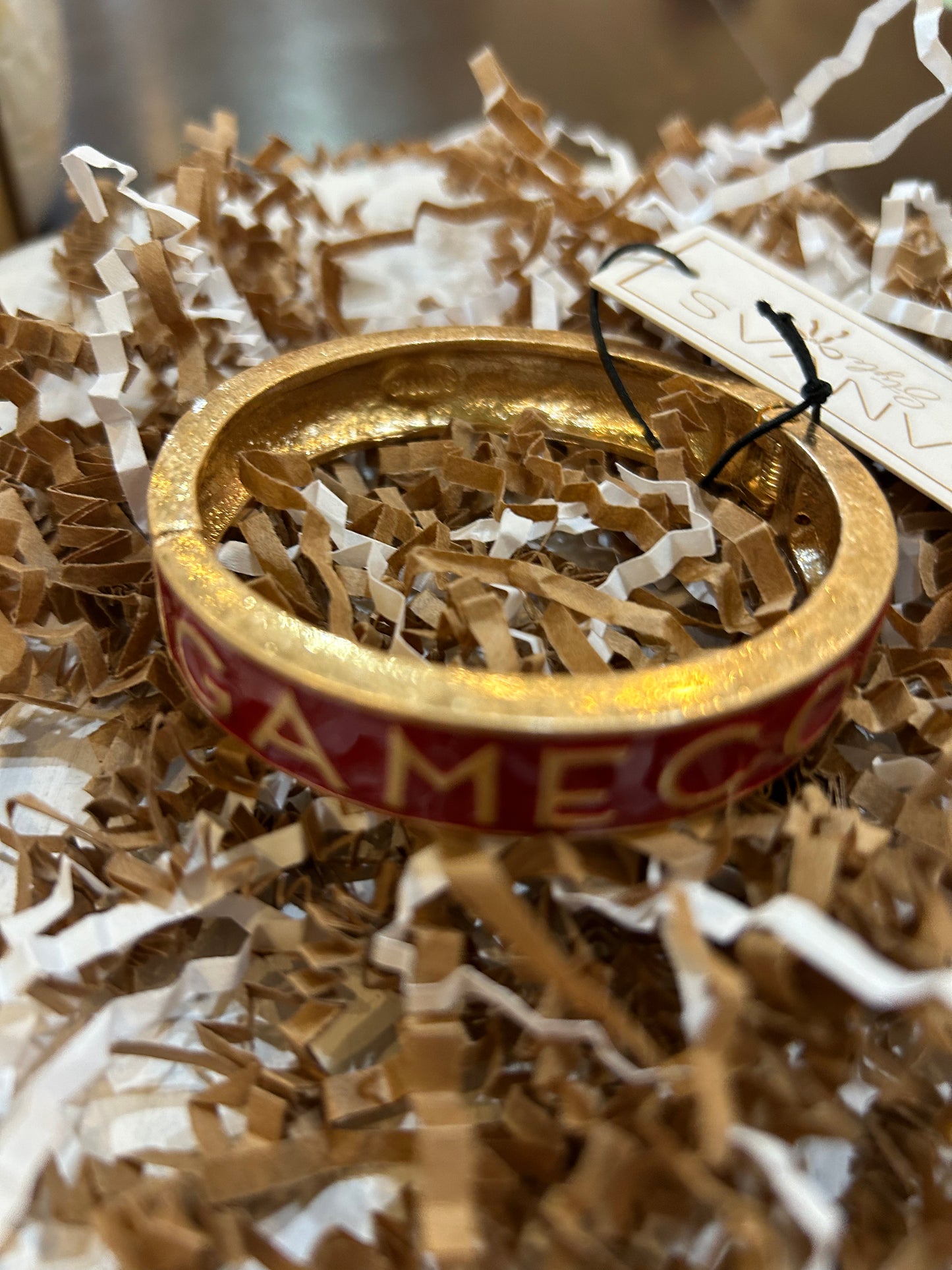 Gold and red College Enamel Hinge Bangle with "GAMECOCKS".