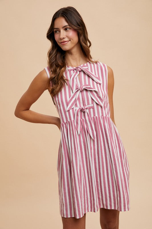 Vertical Striped Bow Mini Dress