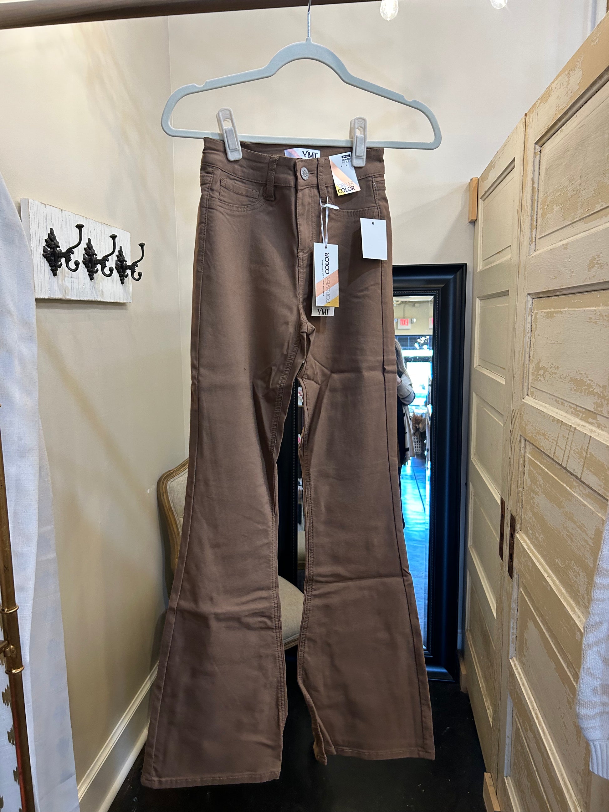 Almond Hyperstretch Flare pants.