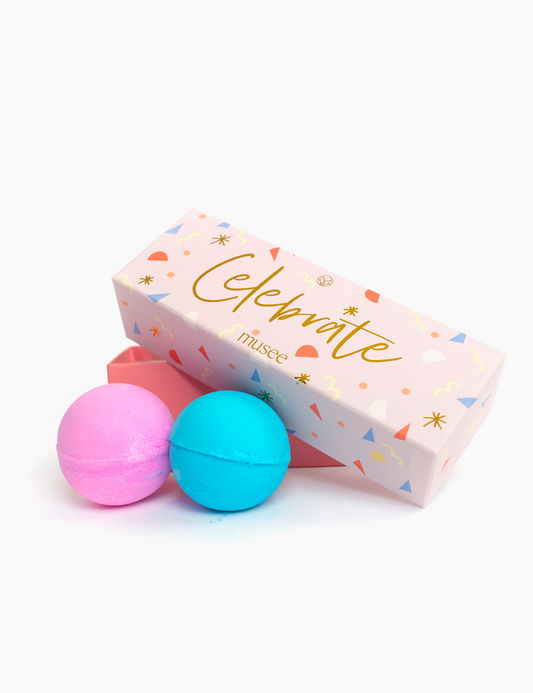 Set of 3 Musee bath balms with a box that says "Celebrate".