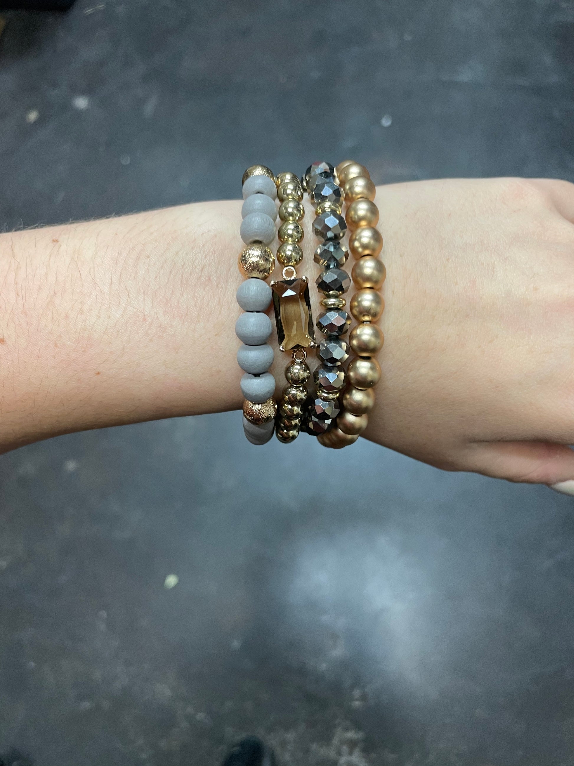 Gray Wood and Crystal Beaded Bracelets