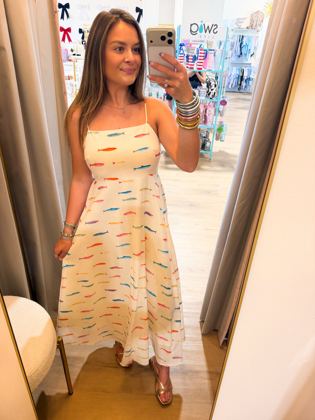 FISH PRINT SLEEVELESS MIDI DRESS