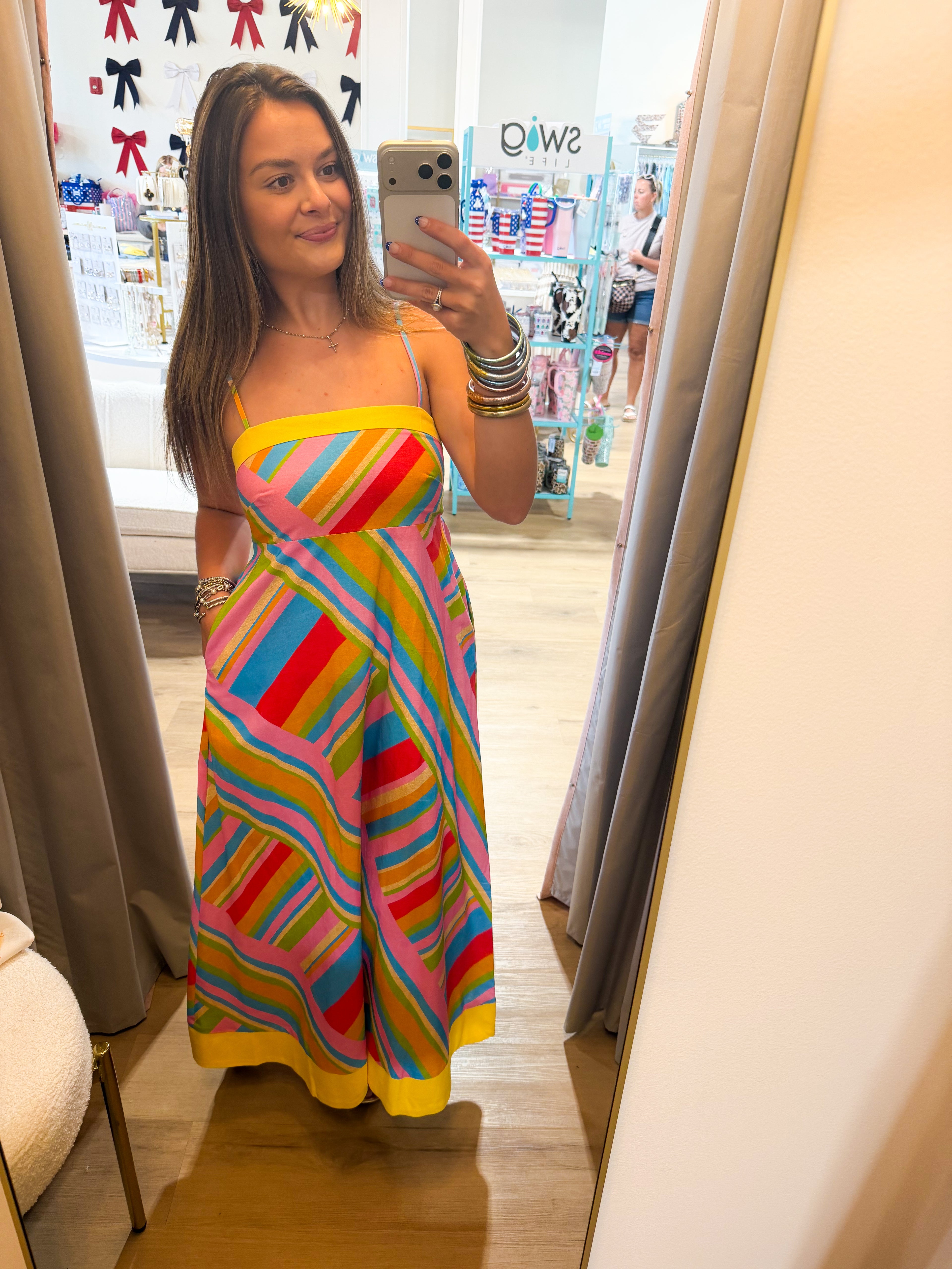 Vibrant Geometric Stripe Contrast Midi Dress
