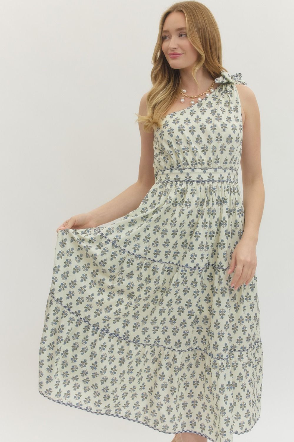 One Shoulder Tiered Floral Midi Dress