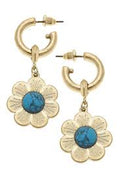 Bullseye Flower Drop Hoop Earrings in Worn Gold & Turquoise