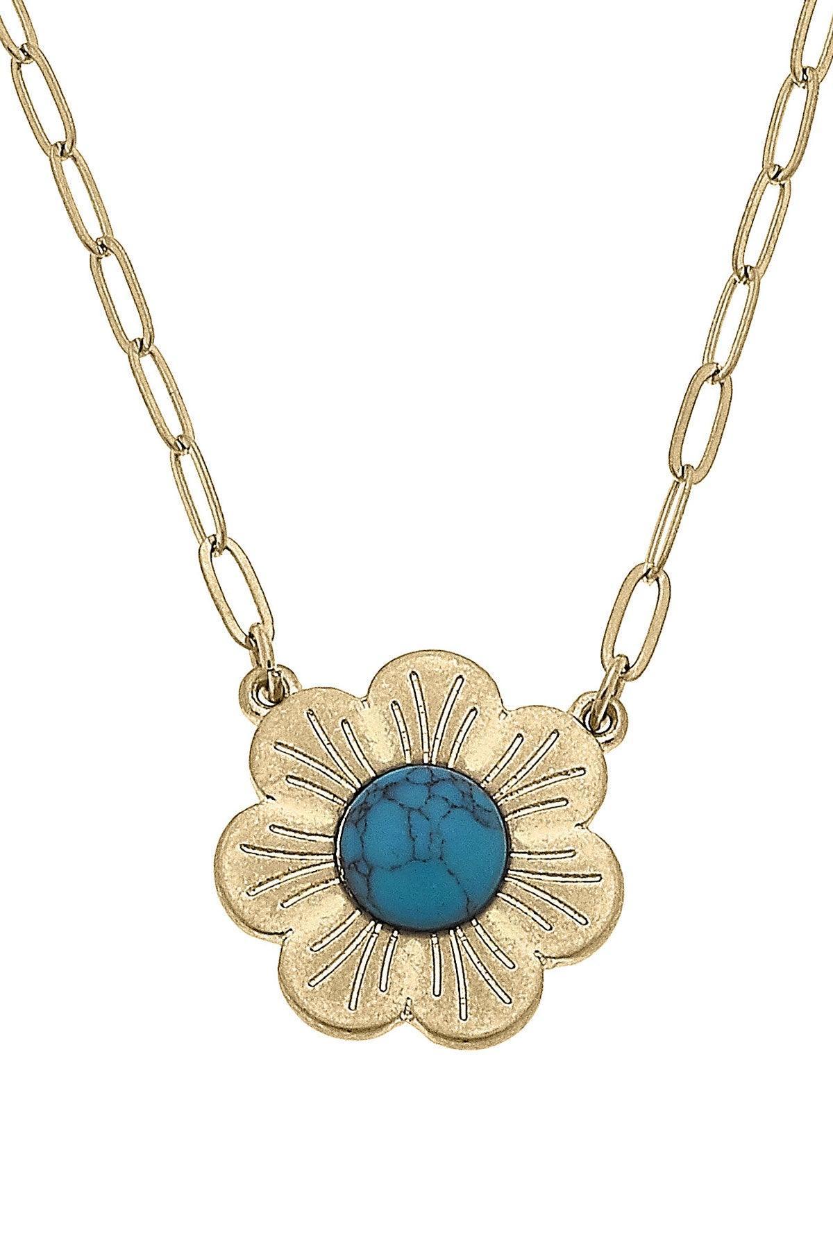 Bullseye Flower Necklace in Worn Gold & Turquoise
