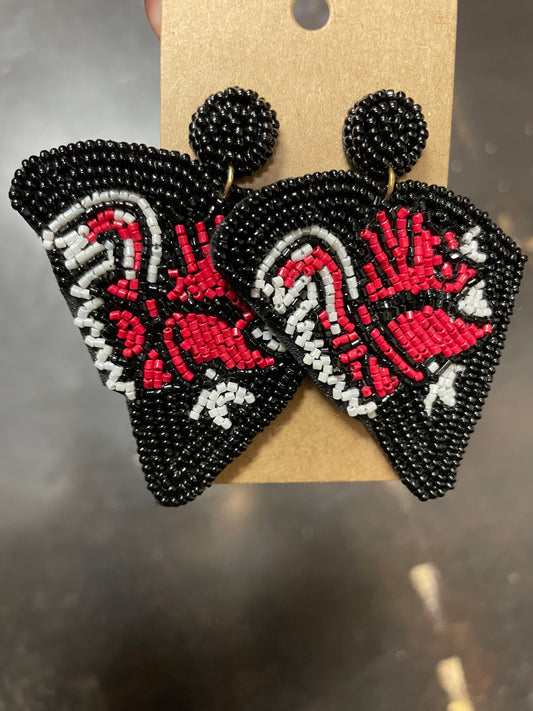 Black beaded earrings in the shape of South Carolina featuring gamecocks.