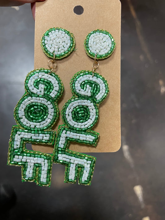 Dangle beaded earrings featuring "GOLF" in white and green beading.